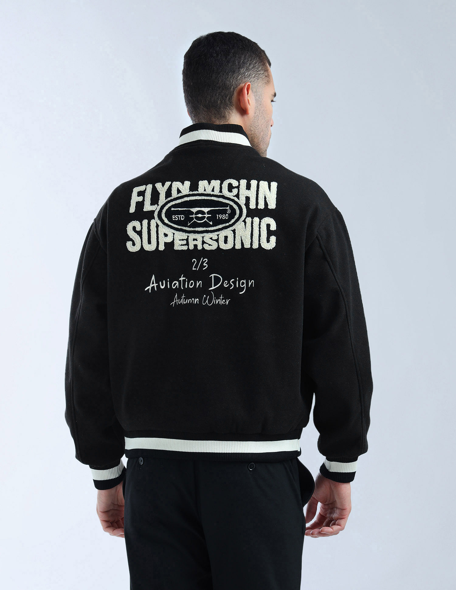 Flying Machine Appliqued Pattern Relaxed Fit Varsity Jacket