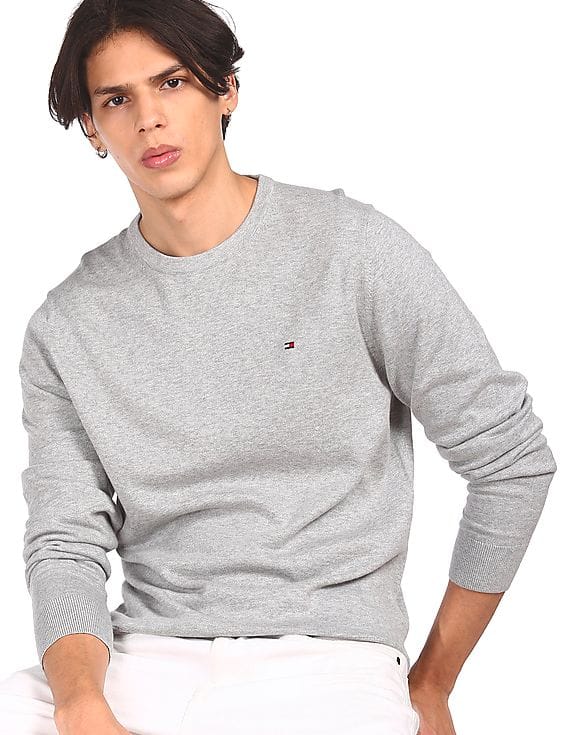 Buy Tommy Hilfiger Men Grey Crew Neck Heathered Sweater
