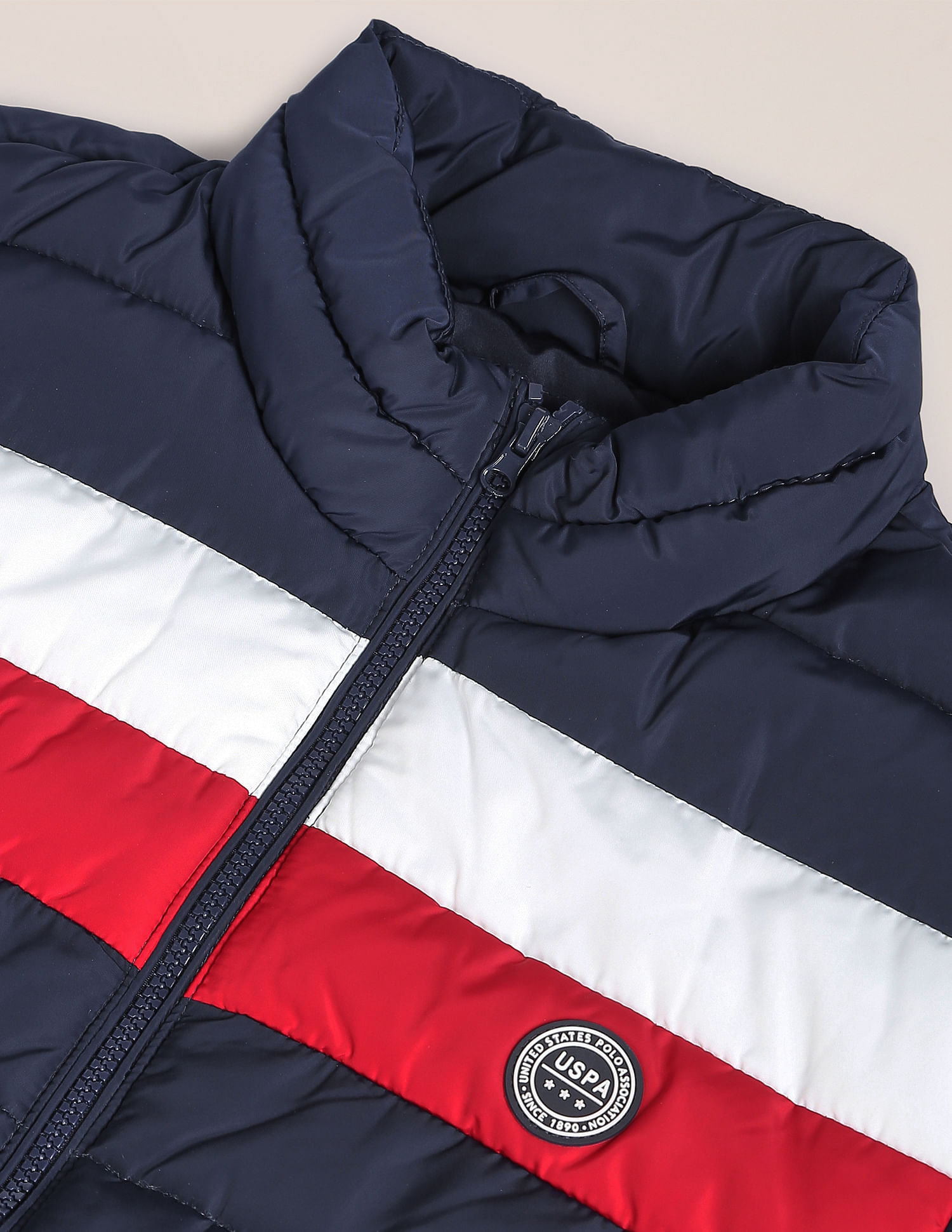 U.S. Polo Assn. High Neck Colour Block Puffer Jacket, Grey (S)