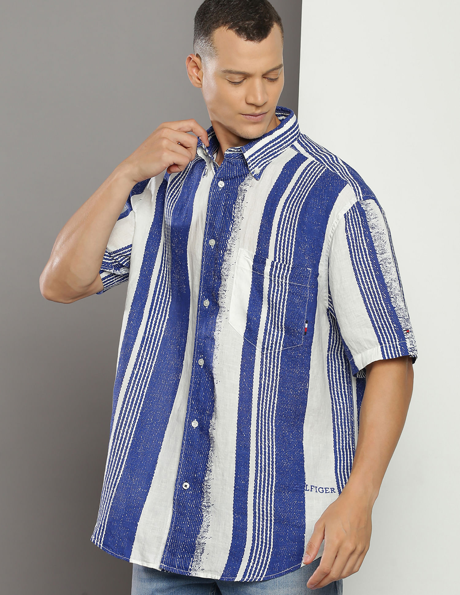 Tommy Hilfiger Hand Painted Stripe Relaxed Fit Linen Shirt