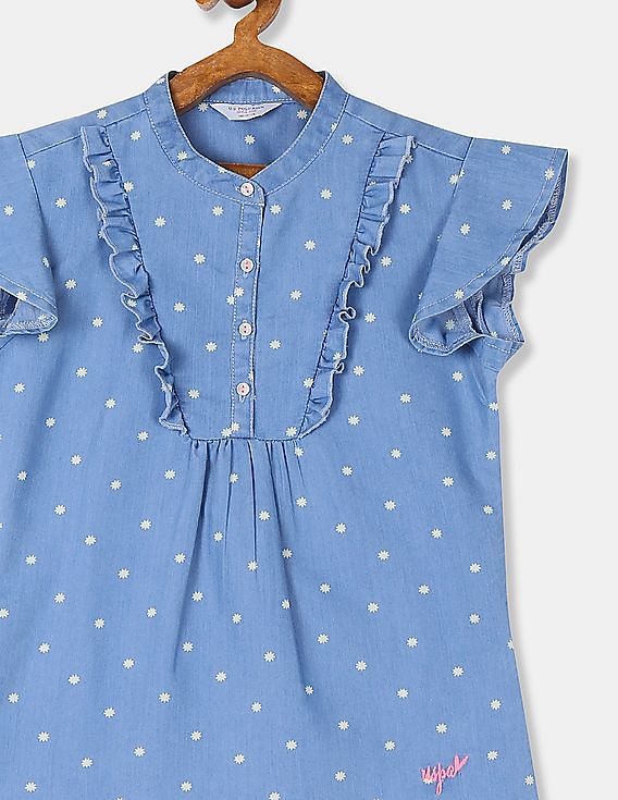 U.S. Polo Assn. Kids Girls Blue Ruffled Printed Top