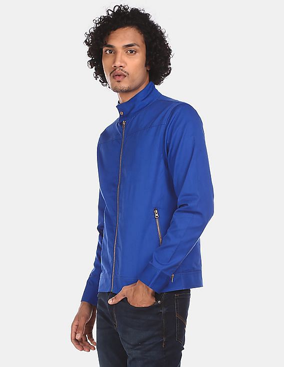Flying Machine High Neck Zip Up Solid Jacket