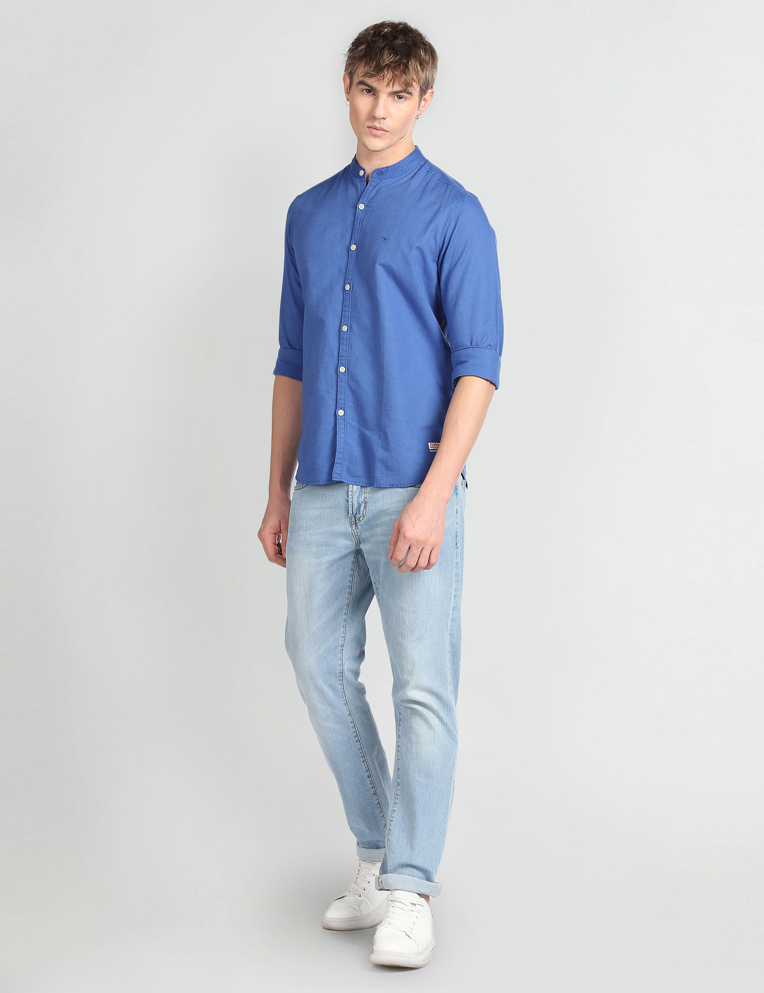 Men's Shirt New England Slim Plain 50% cotton 50% linen collar Mandarin  collar Long sleeve