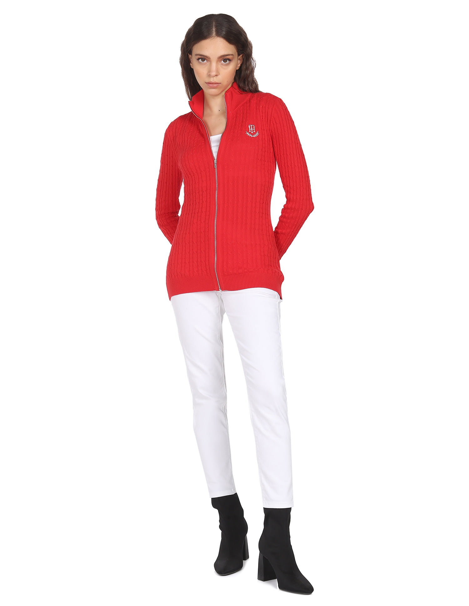 Buy Tommy Hilfiger Women Red Juniper Cable Knit Zip Front Cotton 
