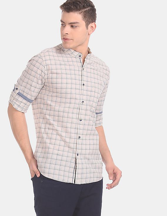 Flying Machine Mandarin Collar Check Casual Shirt