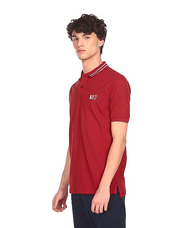Aeropostale Men Red Cotton Solid Polo Shirt