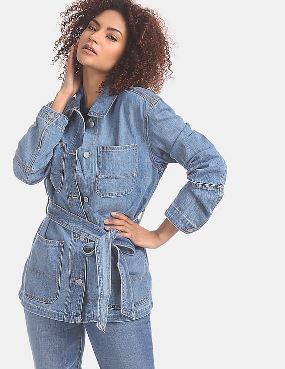 GAP Blue Stone Wash Belted Denim Jacket