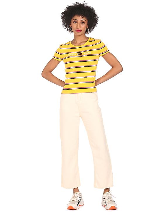Buy Tommy Hilfiger Women Yellow Crew Neck Striped T-Shirt