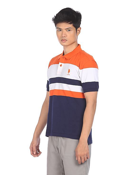 U.S. Polo Assn. Men Orange And Navy Striped Short Sleeve Polo Shirt