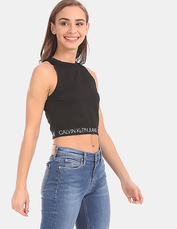 Buy Calvin Klein Women Black Solid Crop Tank Top 