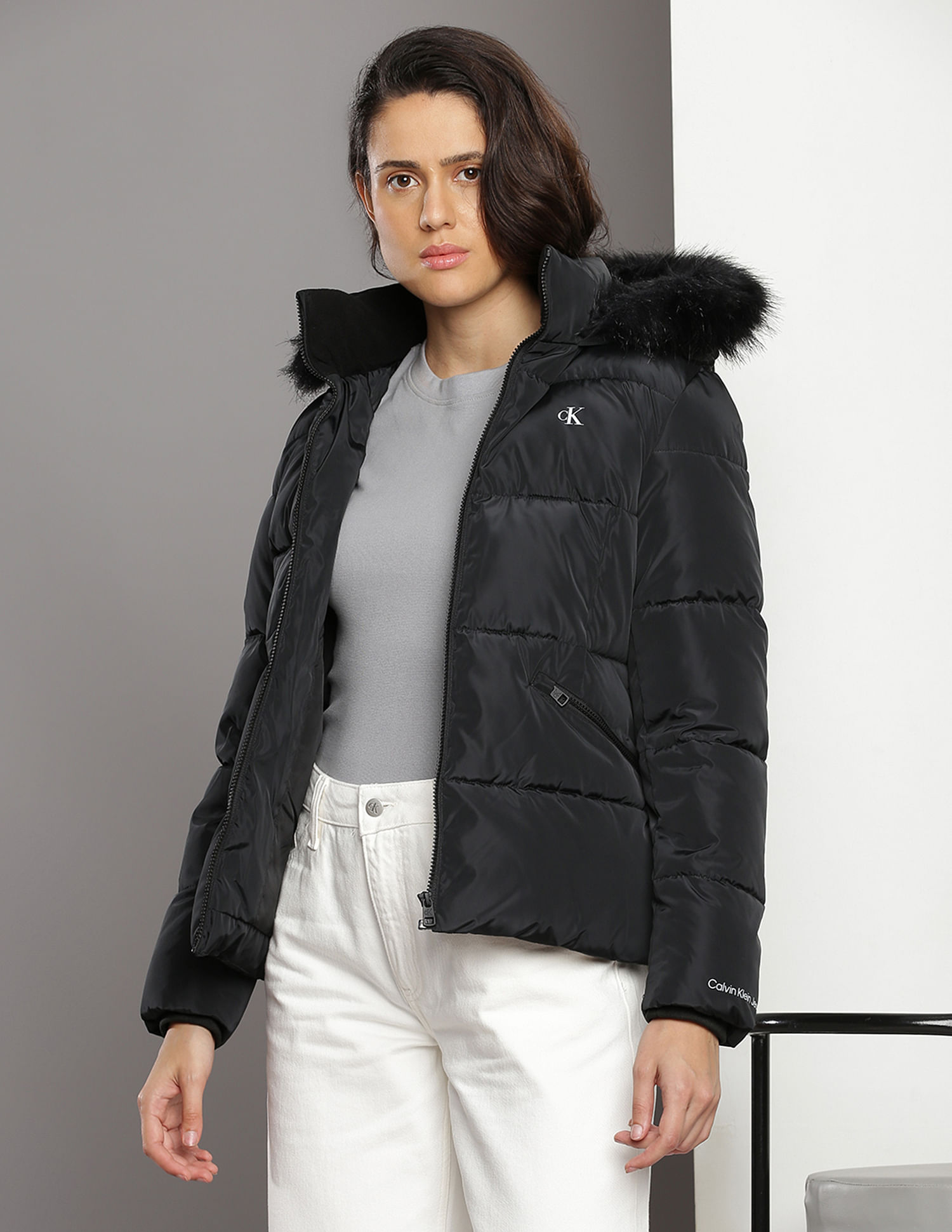 Calvin klein jacket with fur best sale hood