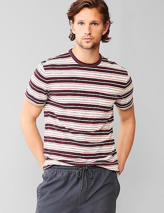 Buy GAP Men Red Lived In Multi Stripe Pocket T Shirt NNNOW