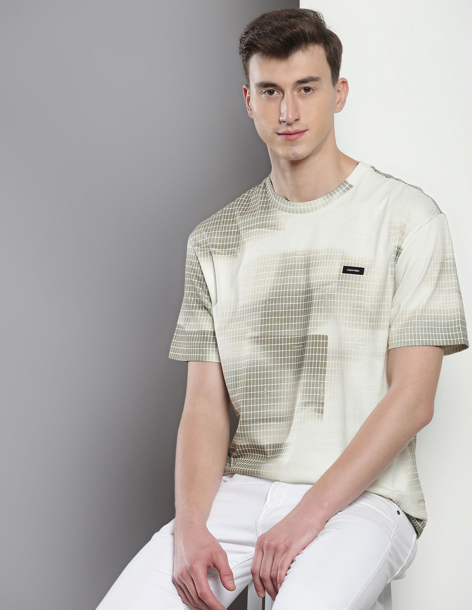 Calvin Klein Diffused Grid Print Cotton T-Shirt