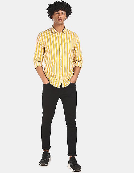 Yellow Striped Long Sleeve Button Through Women's Shirts, 54% OFF