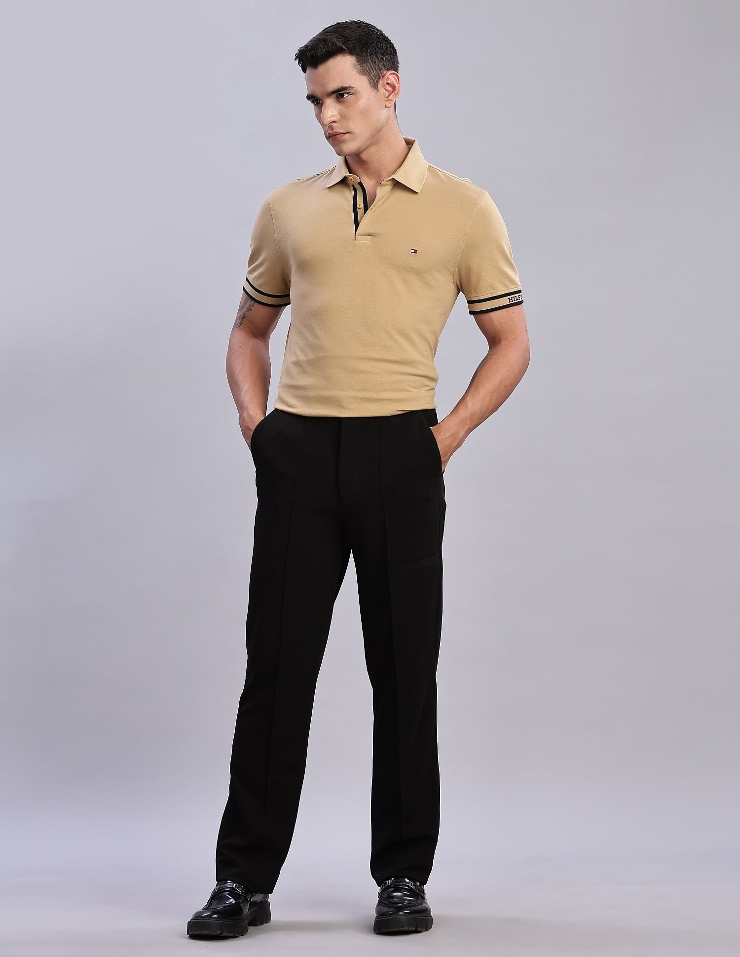 Tommy Hilfiger Mens Beige Solid Polo Shirt