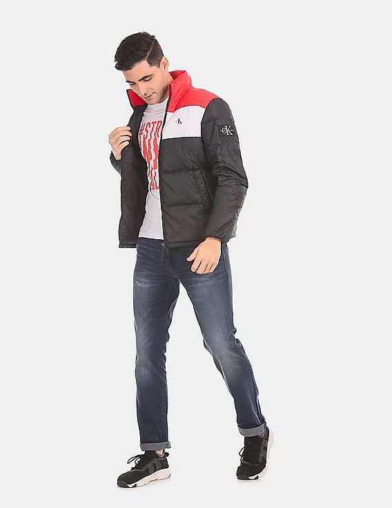Calvin Klein Men Black And Red Colour Block Down Puffer Jacket