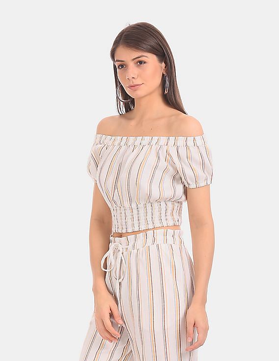 Aeropostale Women Cream Striped Off-Shoulder Crop Top