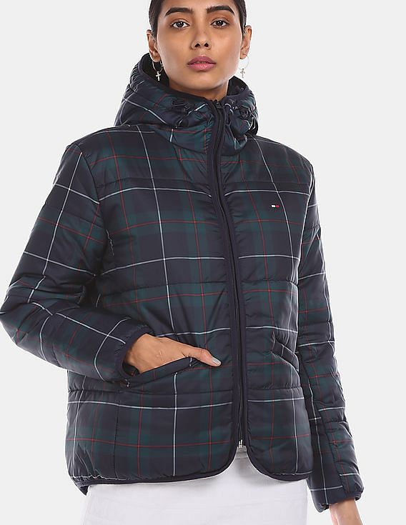 Tommy Hilfiger Women Navy Puffer Blackwatch Hood Check Jacket