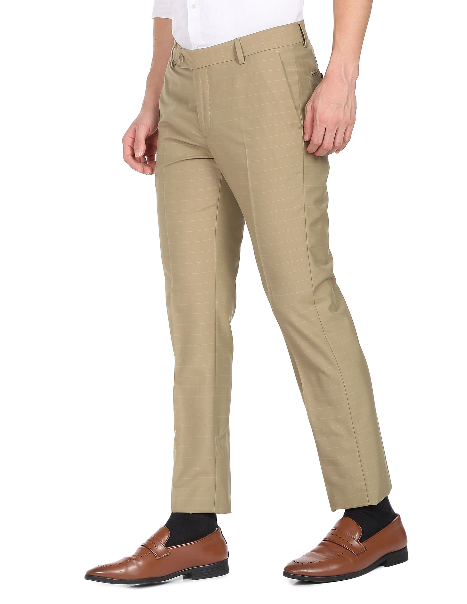 Buy Arrow Men Khaki Windowpane Check Hudson Tailored Fit Formal Trousers   NNNOWcom