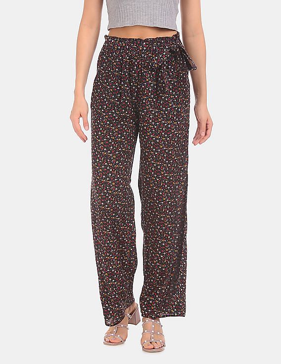 Aeropostale Women Black Ruffle Waist Printed Wide Leg Pants
