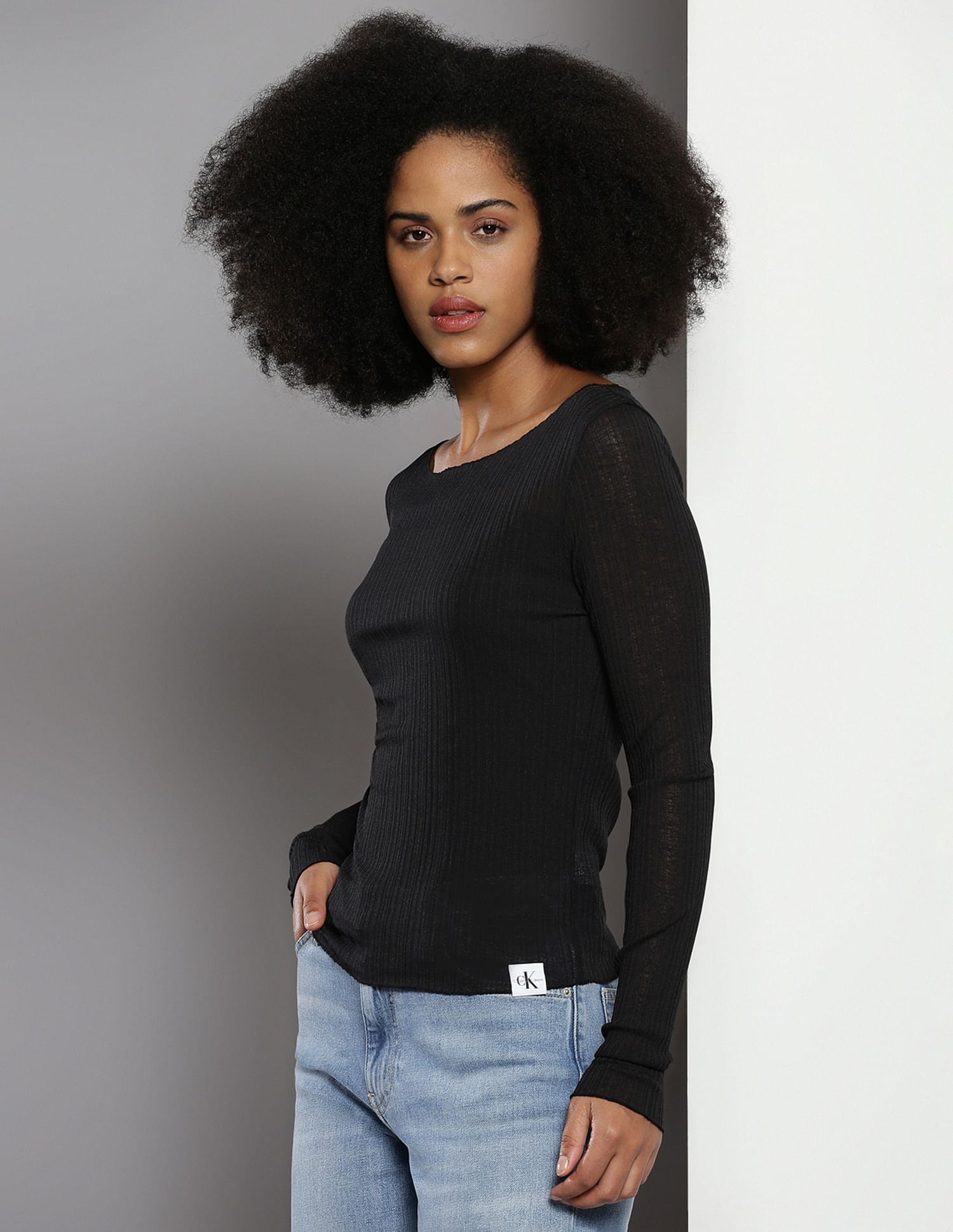 Calvin Klein Sheer Ribbed Long Sleeve Top