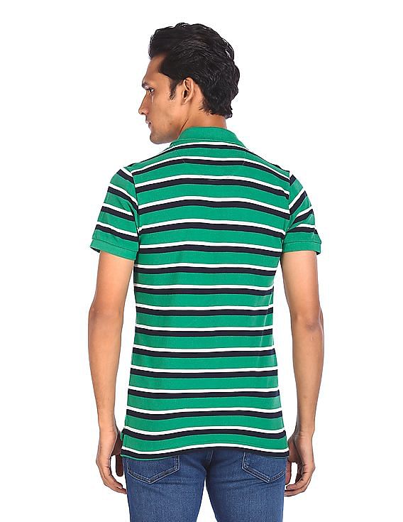 mens green and white striped polo shirt