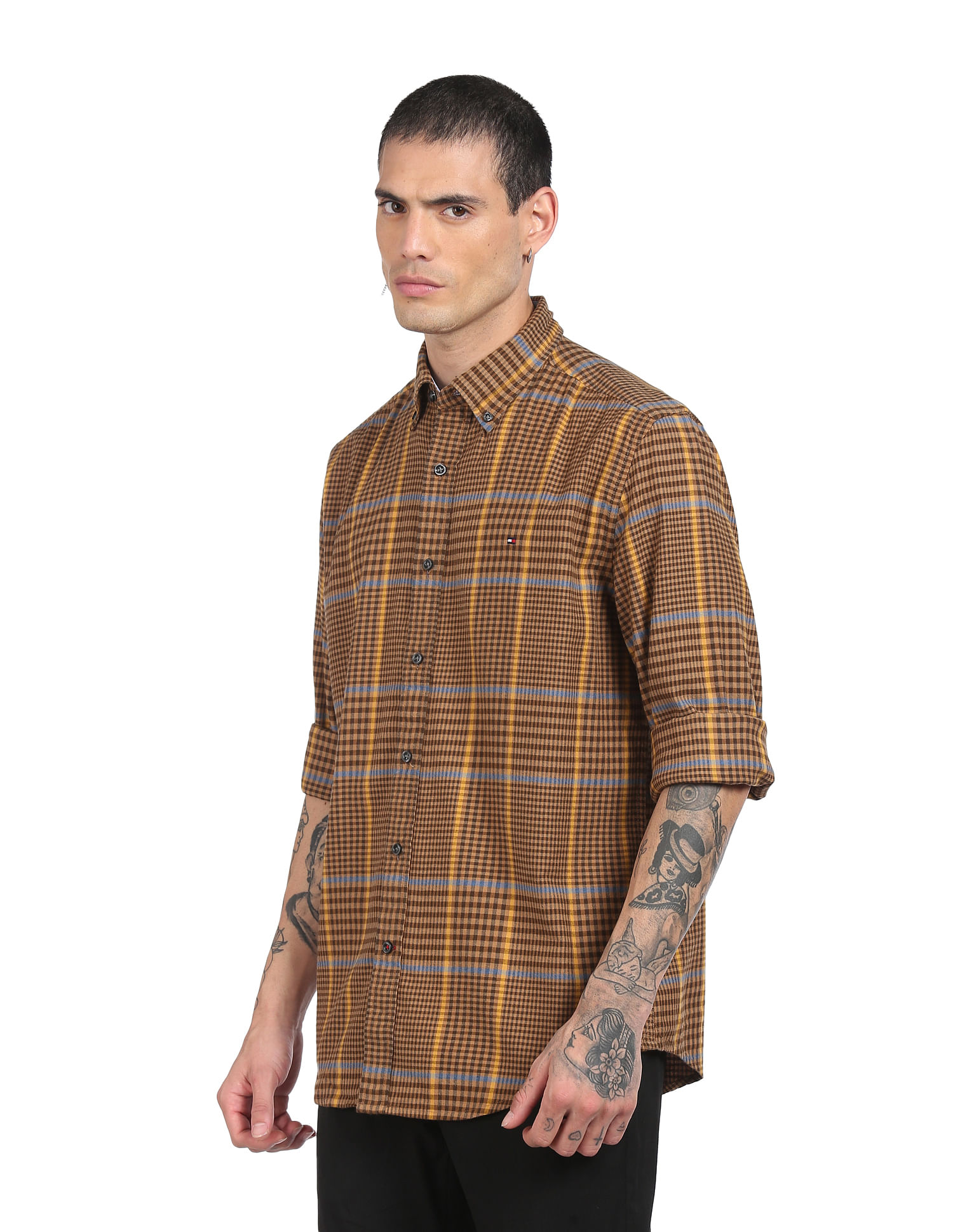 Tommy Hilfiger Men Brown Blakely Glen Check Twill Weave Casual Shirt