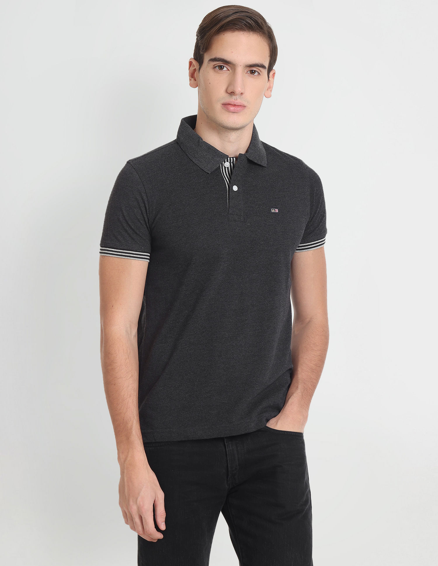Arrow Sports Striped Sleeve Hem Heathered Polo Shirt
