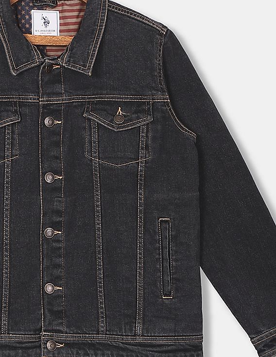 U.S. Polo Assn. Kids Boys Black Spread Collar Washed Denim Jacket