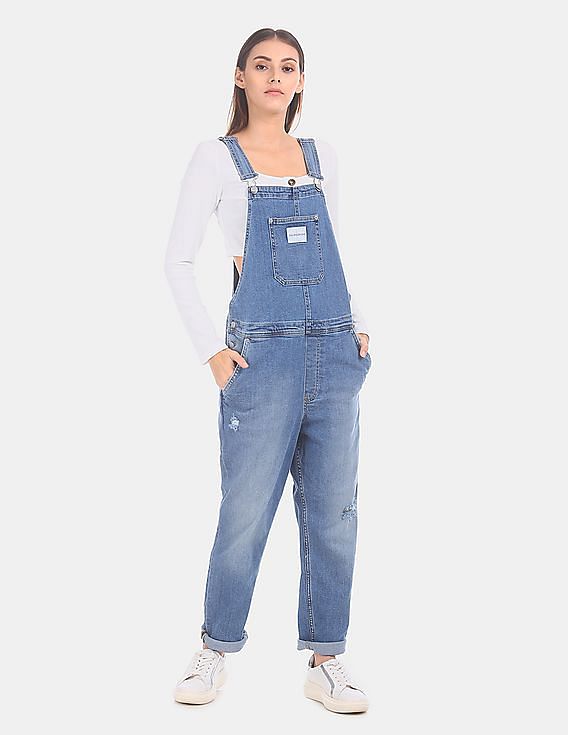 Calvin Klein Women Blue Adjustable Strap Denim Dungaree