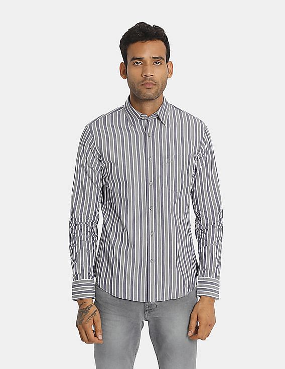 Premium Grey Pencil Stripe Spread Collar Custom Shirt Suitsforme.com