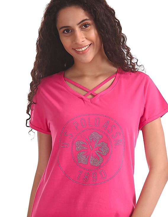 U.S. Polo Assn. Women Roll Up Sleeve Print T-Shirt