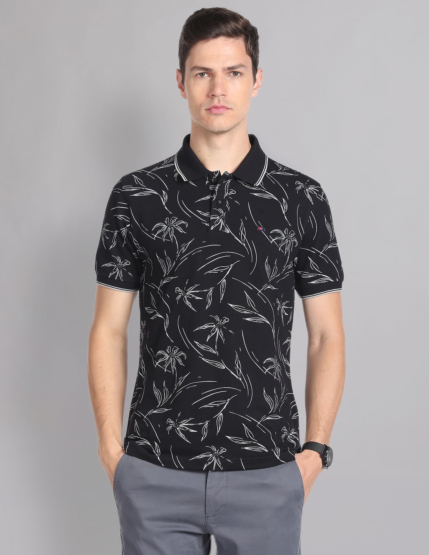 AD by Arvind Floral Print Cotton Polo Shirt