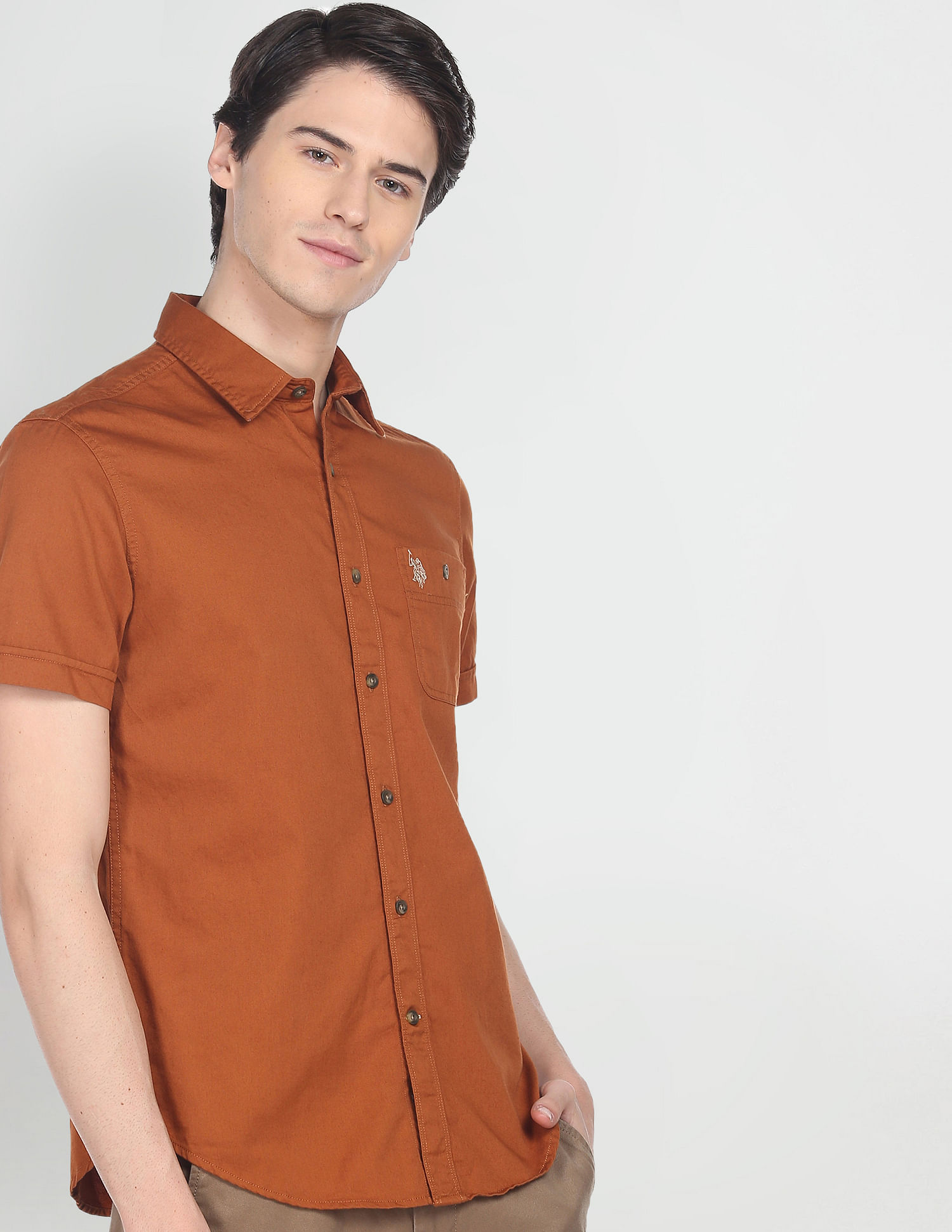 Bare Brown Mandarin Collar Denim Shirt, Slim Fit with Full Sleeves - L |  Tea & Tailoring