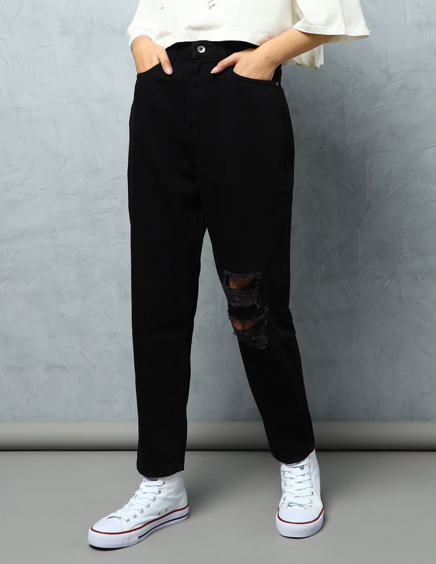 Flying Machine Women High Rise Distressed Mom Fit Jeans