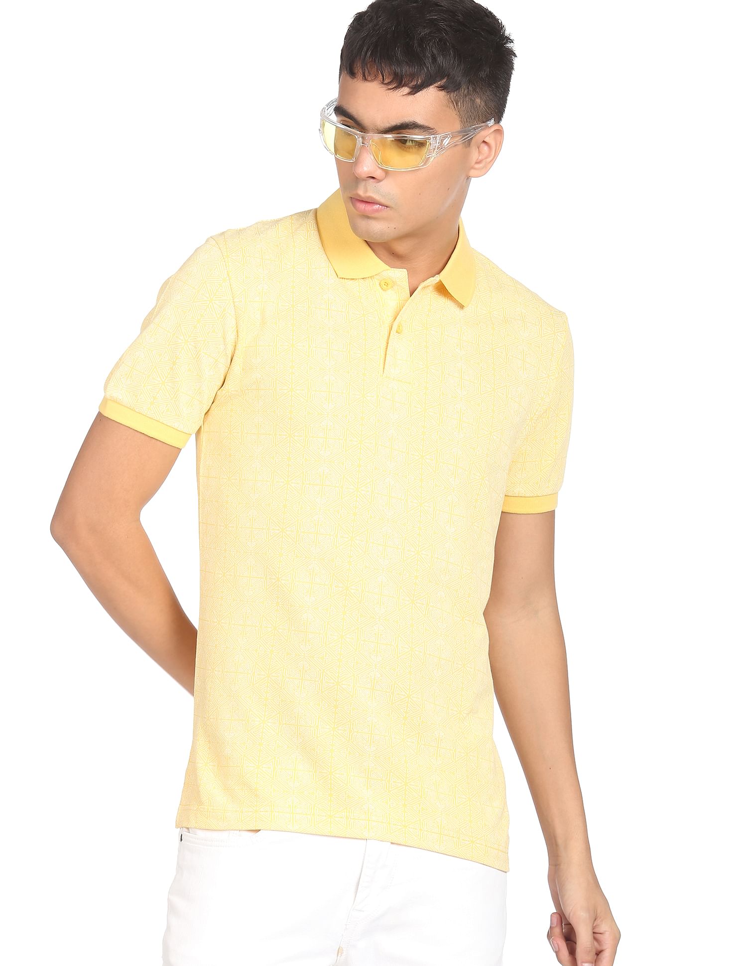 Flying Machine All Over Geometric Print Cotton Polo Shirt