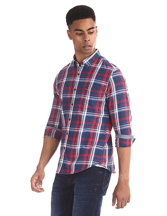 Men Red Button Down Collar Check Shirt 