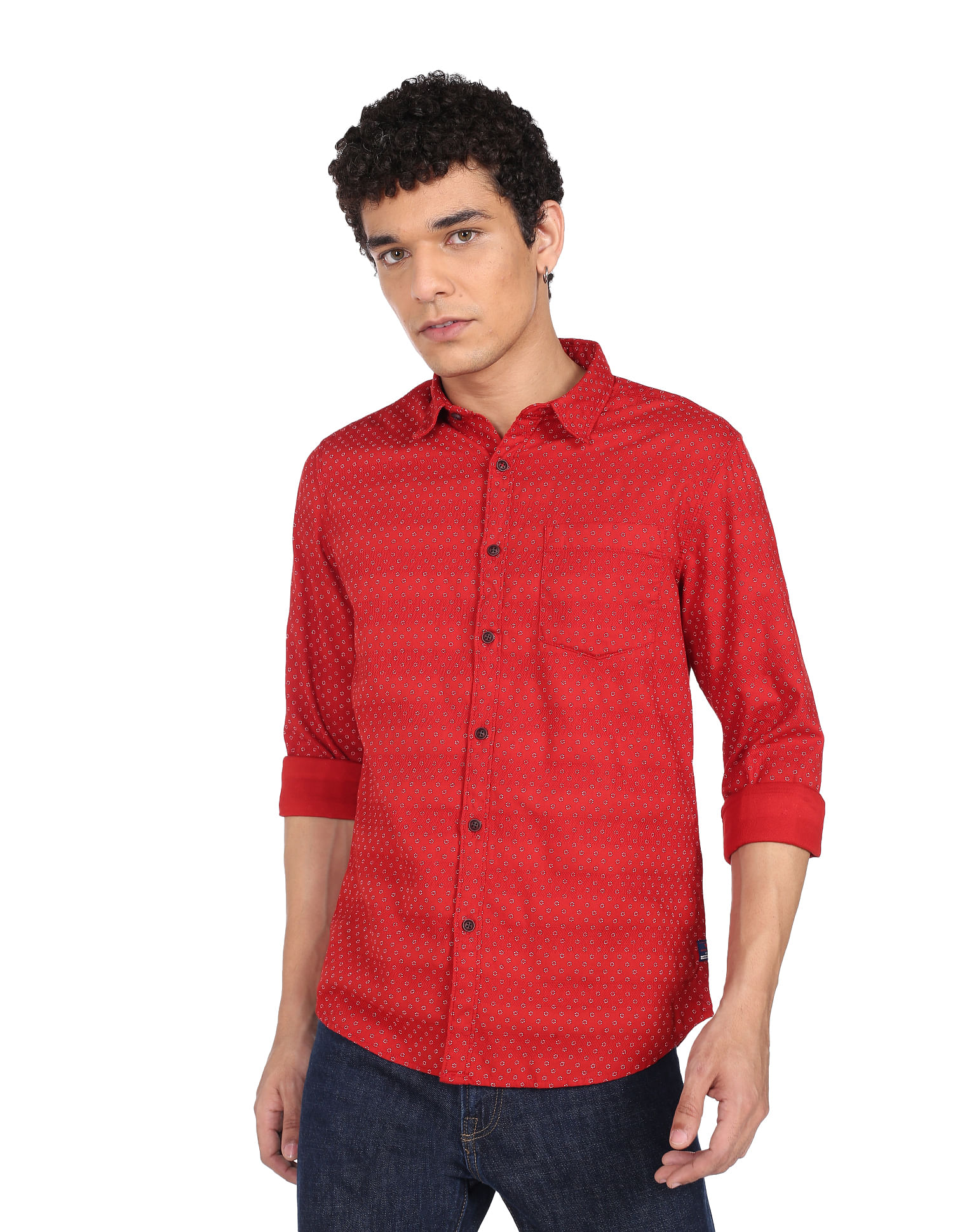 Flying Machine Geometric Print Cotton Shirt