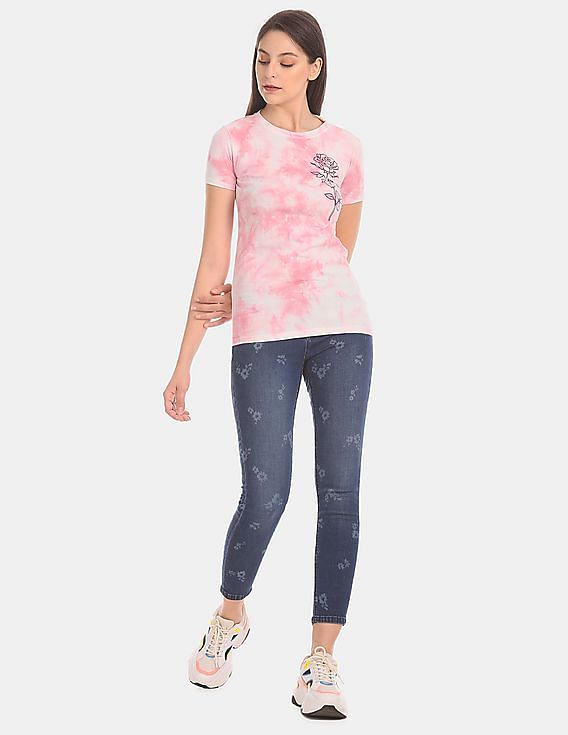 Aeropostale Women Pink Crew Neck Allover Dye Cotton Jersey T-Shirt
