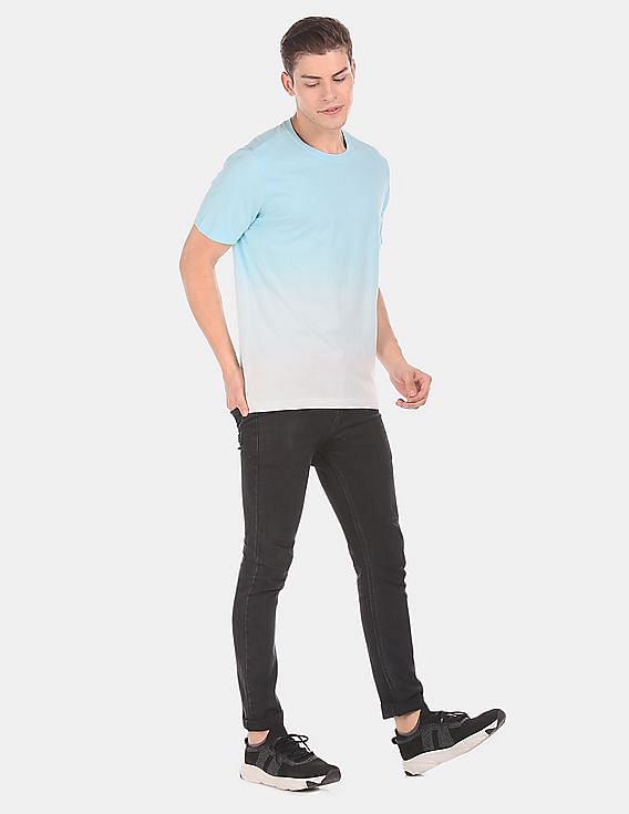 Aeropostale Men Light Blue And White Ombre Dyed Cotton T-Shirt
