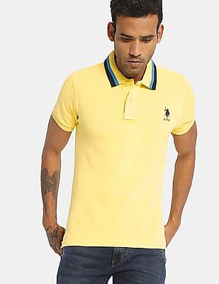 U S Polo Assn Men Yellow Tipped Collar Solid Pique Polo Shirt