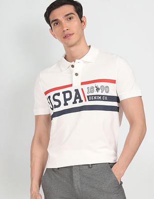 U S Polo Assn Denim Co Men White Cotton Brand Print Polo Shirt