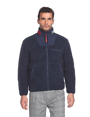Buy Tommy Hilfiger Men Navy High Neck Sherpa Jacket