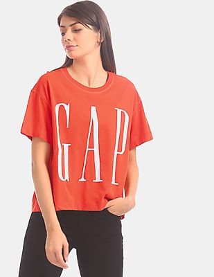 Buy GAP Women Orange Short Sleeve Boxy Crew Neck T-Shirt