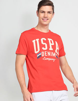 U S Polo Assn Men Red Crew Neck Brand Print T-Shirt