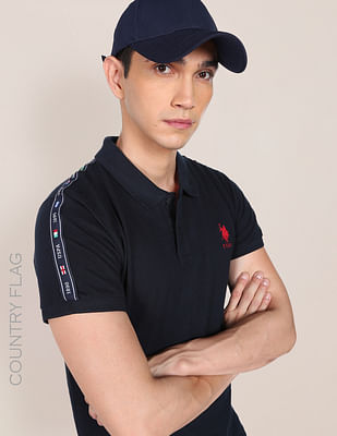 U S Polo Assn Men Navy Brand Taped Solid Cotton Polo Shirt