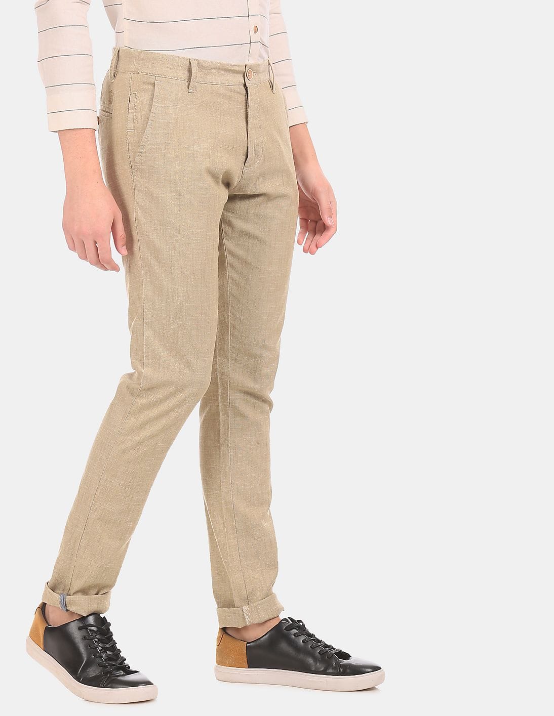 beige chinos blue shirt