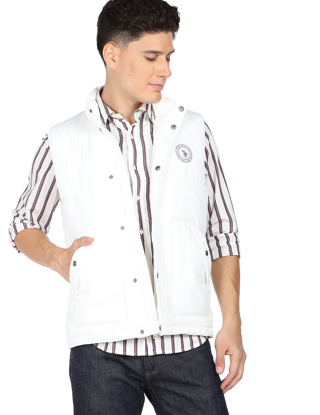 Buy U.S. Polo Assn. Men White Sleeveless Solid Puffer Jacket