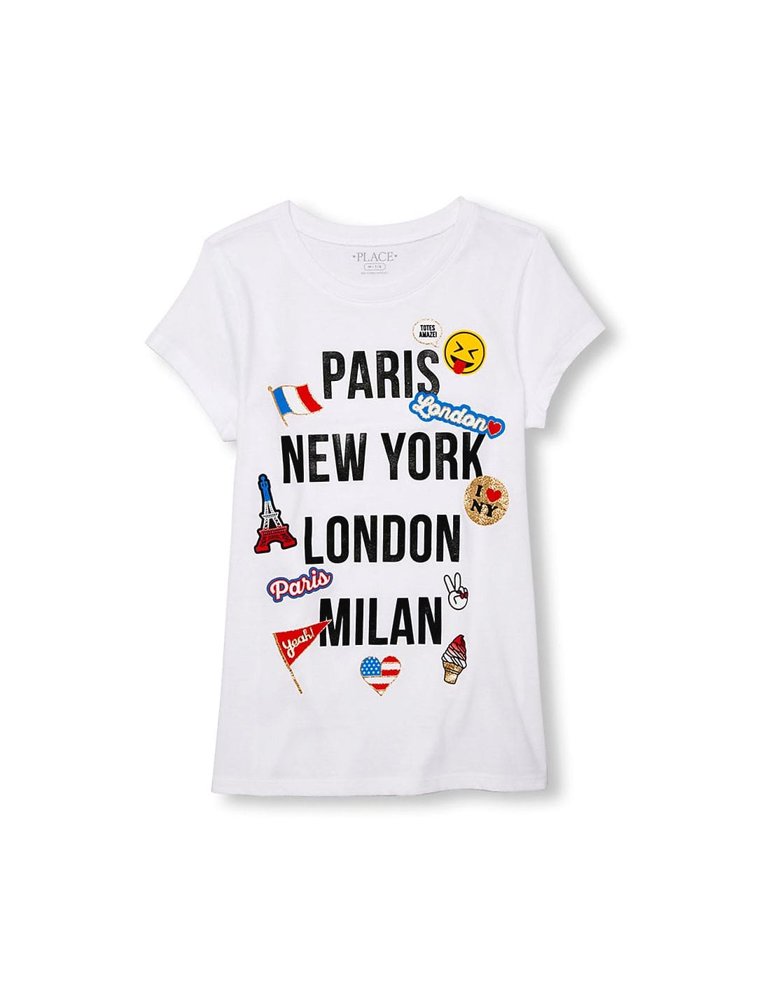 Buy The Children S Place Girls Girls White Short Sleeve Glitter Paris New York London Milan Emoji Graphic Tee Nnnow Com