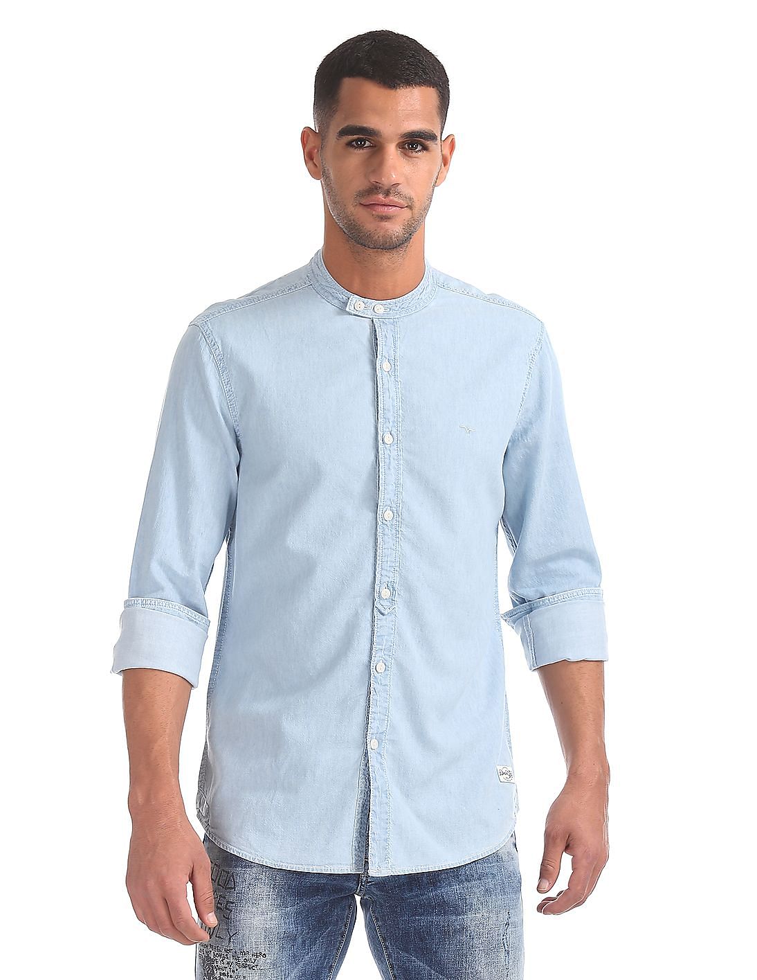 Buy Men Mandarin Collar Washed Denim Shirt online at NNNOW.com